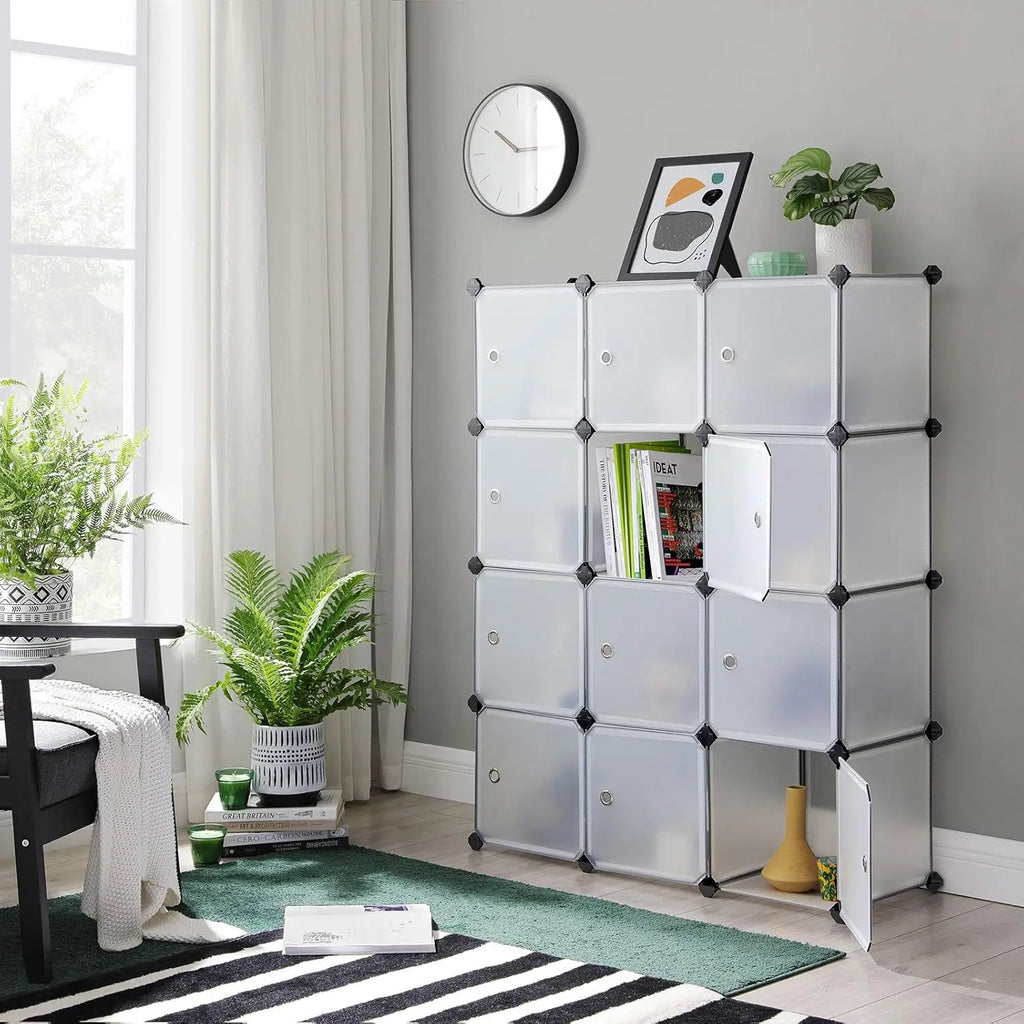 SONGMICS Regalsystem, Schuhregal, Set aus 12 Würfeln, Kleiderschrank aus Kunststoff, mit Türen, Steckregal, Aufbewahrung - Homeiyfy