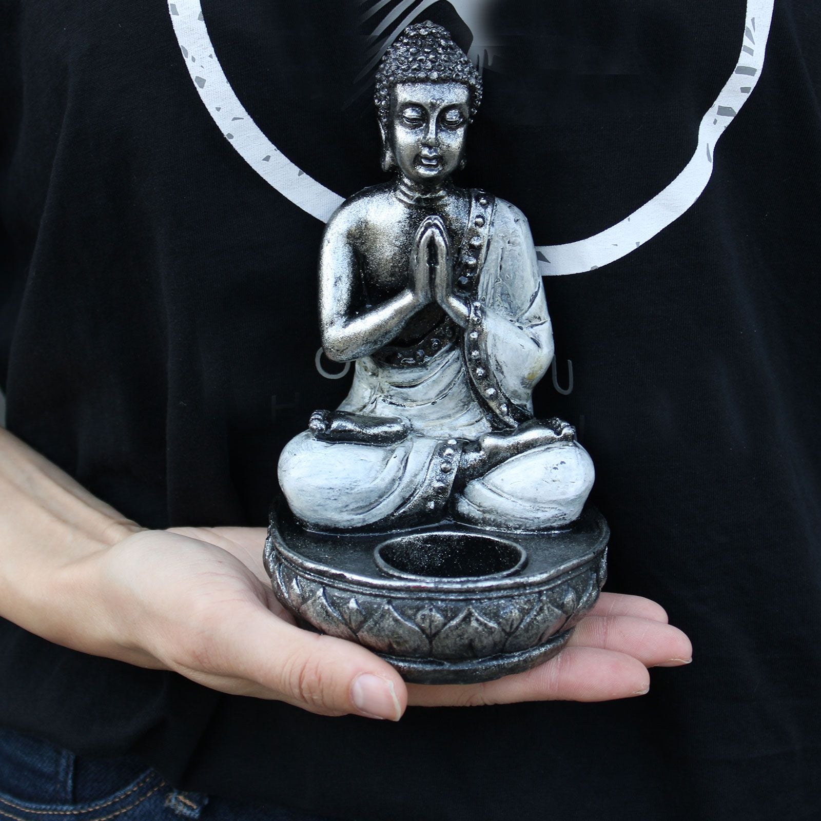 Handbemalter Buddha - Kerzenhalter Weiß Medium – Zen - Deko - Homeiyfy