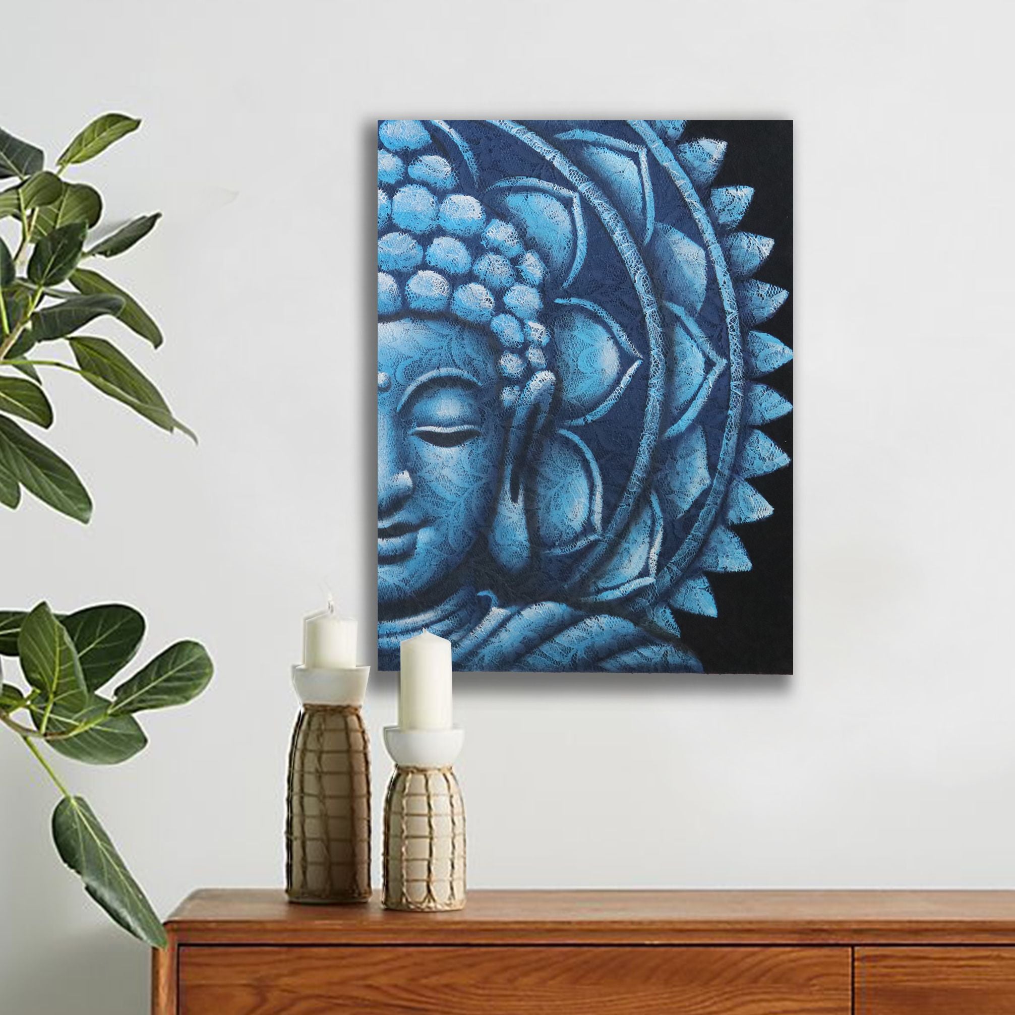 Buddha Mandala Gemälde Blau 80x60cm – Handgefertigte Wandkunst - Homeiyfy