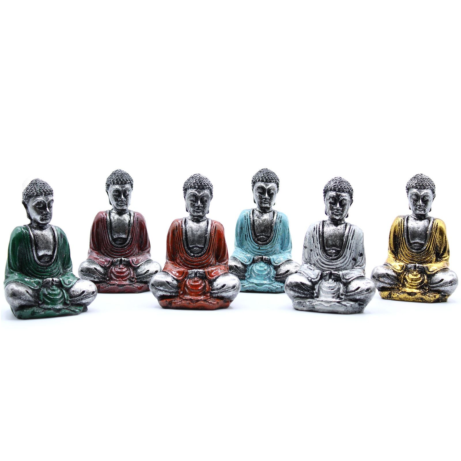 6 handbemalte Mini - Buddhas Silber – Zen - Deko aus Bali mit Geschenkbox - verschiedene Farben - Homeiyfy