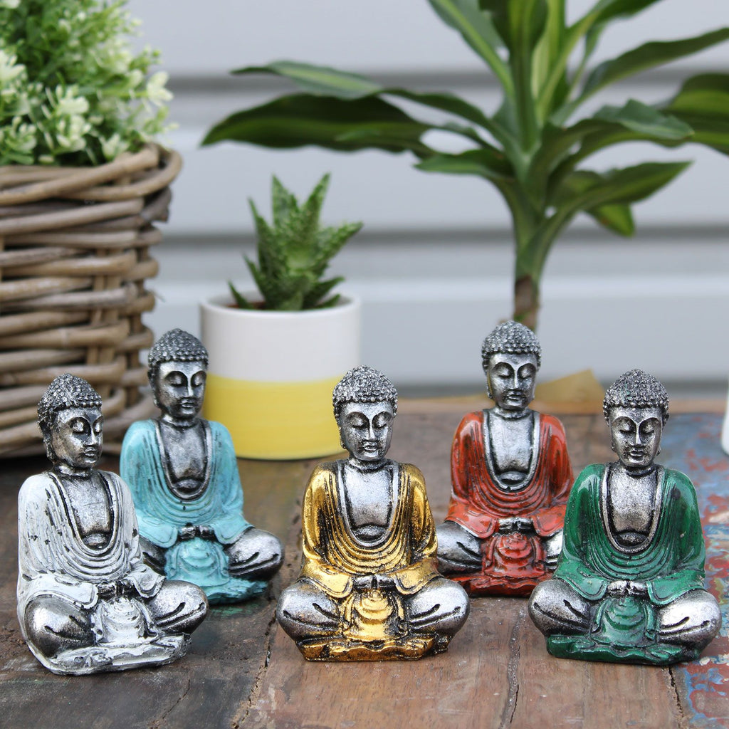 6 handbemalte Mini - Buddhas Silber – Zen - Deko aus Bali mit Geschenkbox - verschiedene Farben - Homeiyfy