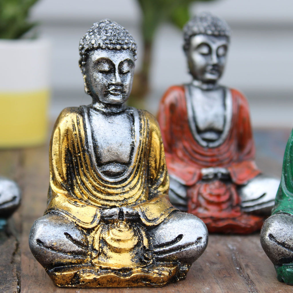 6 handbemalte Mini - Buddhas Silber – Zen - Deko aus Bali mit Geschenkbox - verschiedene Farben - Homeiyfy