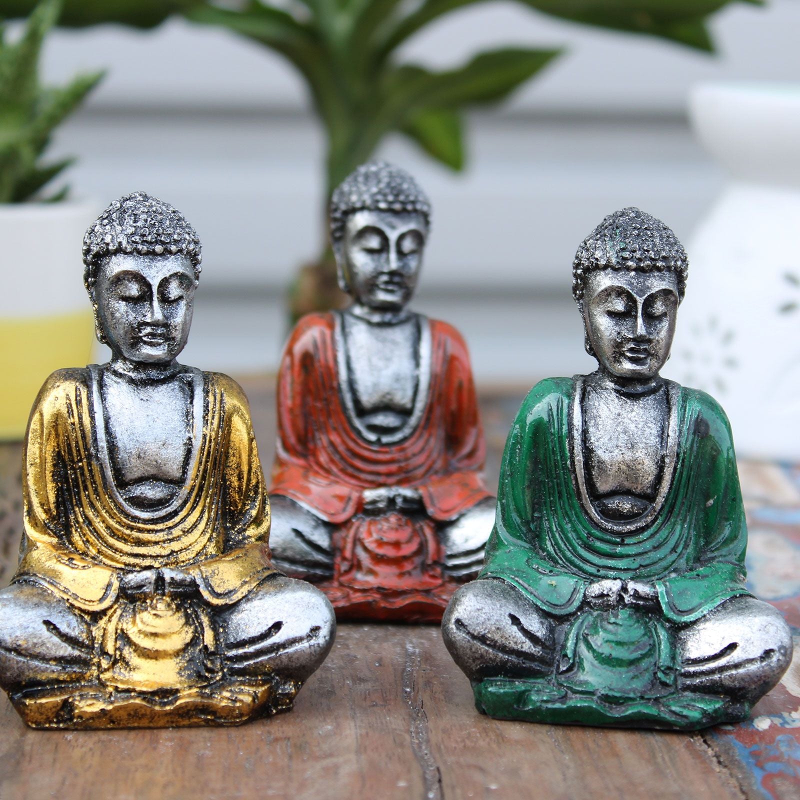 6 handbemalte Mini - Buddhas Silber – Zen - Deko aus Bali mit Geschenkbox - verschiedene Farben - Homeiyfy