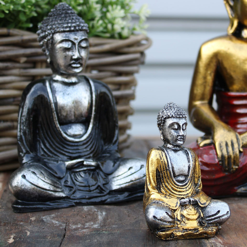 6 handbemalte Mini - Buddhas Silber – Zen - Deko aus Bali mit Geschenkbox - verschiedene Farben - Homeiyfy