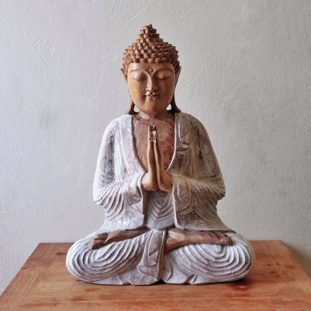 Handgeschnitzte Buddha - Statue 30cm Whitewash – Welcome Geste - Homeiyfy