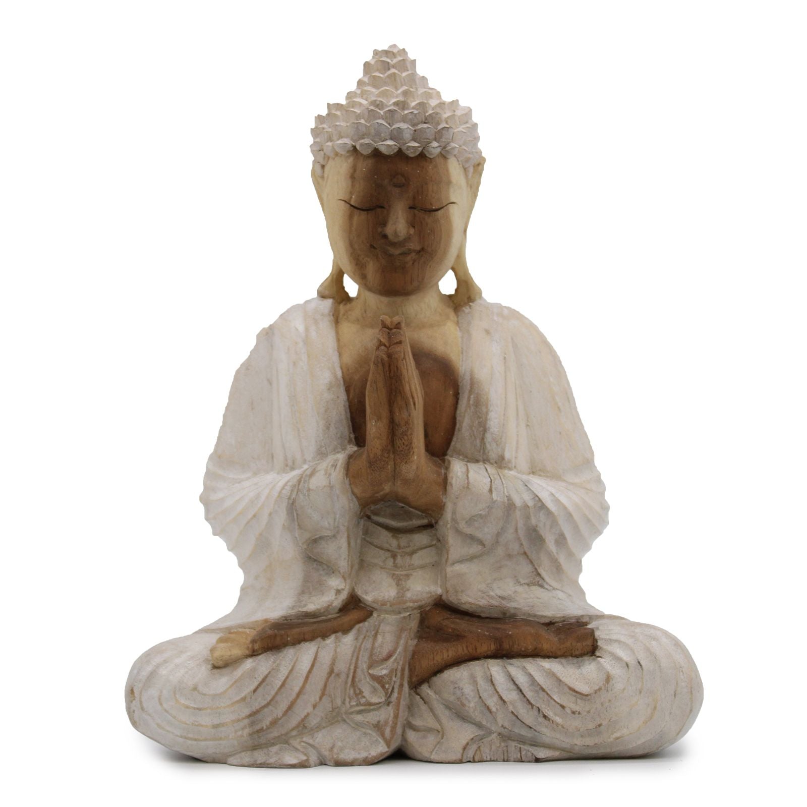Handgeschnitzte Buddha - Statue 30cm Whitewash – Welcome Geste - Homeiyfy
