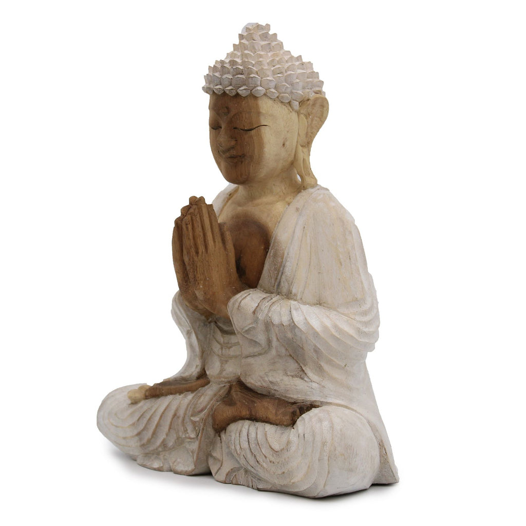 Handgeschnitzte Buddha - Statue 30cm Whitewash – Welcome Geste - Homeiyfy