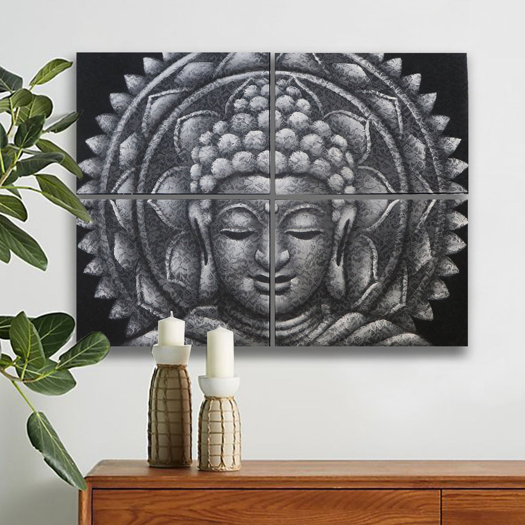 Buddha Mandala Gemälde - Set Grau 4 - teilig 30x40cm – Handgefertigt - Homeiyfy