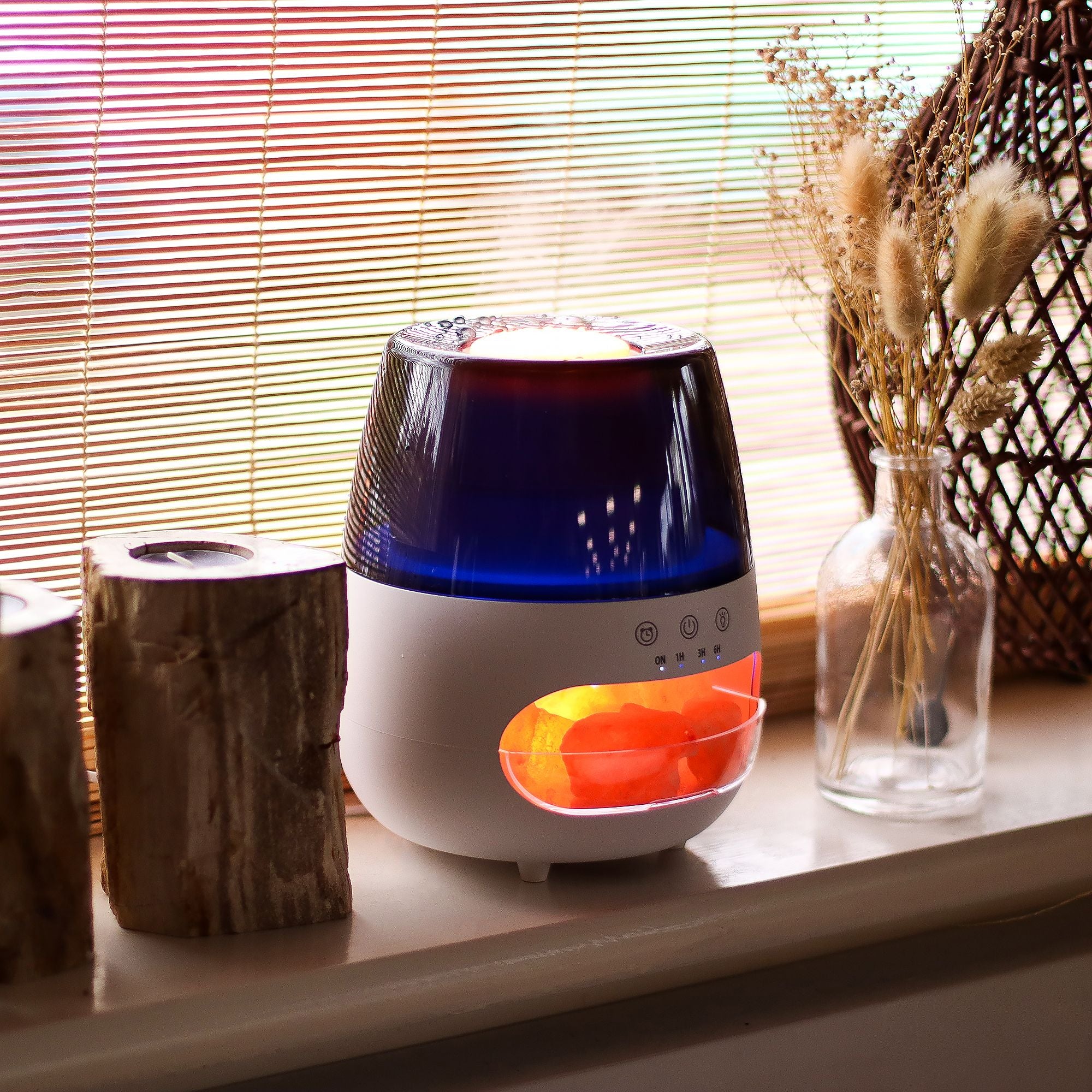 Aroma Diffuser mit Flammen - Effekt – Salzstein - Optik Weiß – USB mit Timer & Farbwechsel - Homeiyfy