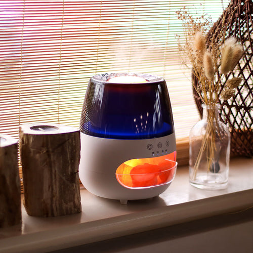 Aroma Diffuser mit Flammen - Effekt – Salzstein - Optik Weiß – USB mit Timer & Farbwechsel - Homeiyfy