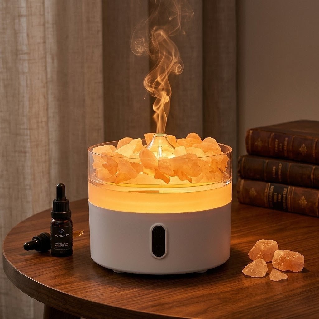 Himalaya - Salz Aroma - Diffuser mit Flammen - Effekt – Nachtlicht & Salzstücke inklusive - Homeiyfy