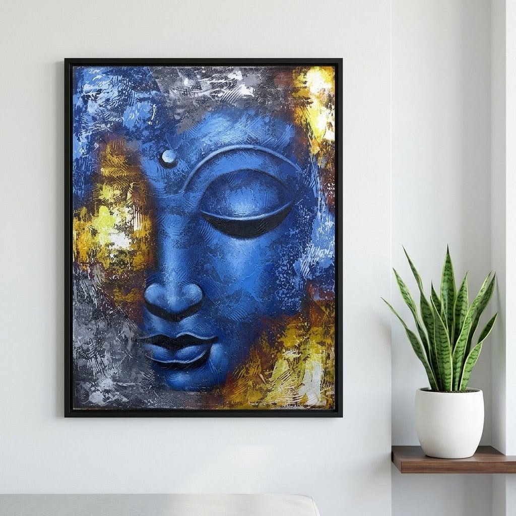 Buddha Gemälde Blau Abstrakt 60x80cm – Handgefertigte Wandkunst - Homeiyfy