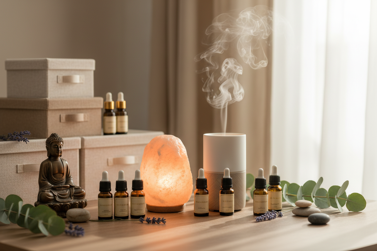 Wellness Hero Banner mit Aromatherapie und Salzlampe